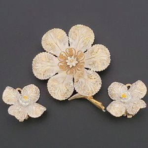 ART Arthur Pepper Floral Brooch Pin With Matching Clip Earrings Gold Tone Vtg